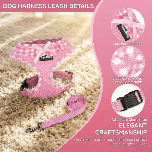 Alt view image 3 of 7 - SuperBuddy Upgraded Soft Mesh Dog Harness, Super Breathable Lightweight Pet Harnesses for Puppy Dogs Outdoor Walking, Pink Dog Harness and Dog Leash Set Packing -Small