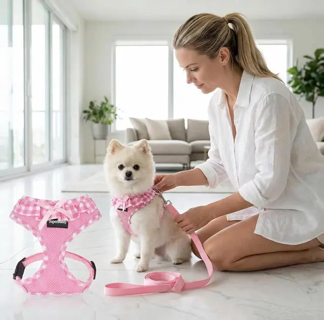 Alt view image 4 of 7 - SuperBuddy Upgraded Soft Mesh Dog Harness, Super Breathable Lightweight Pet Harnesses for Puppy Dogs Outdoor Walking, Pink Dog Harness and Dog Leash Set Packing -Small