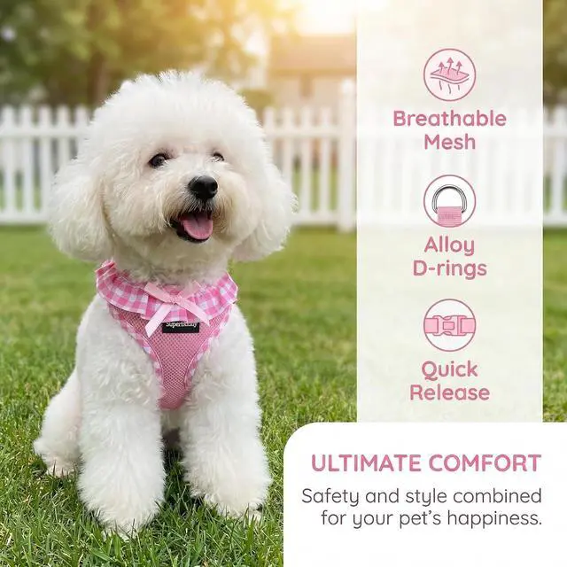 Alt view image 7 of 7 - SuperBuddy Upgraded Soft Mesh Dog Harness, Super Breathable Lightweight Pet Harnesses for Puppy Dogs Outdoor Walking, Pink Dog Harness and Dog Leash Set Packing -Small