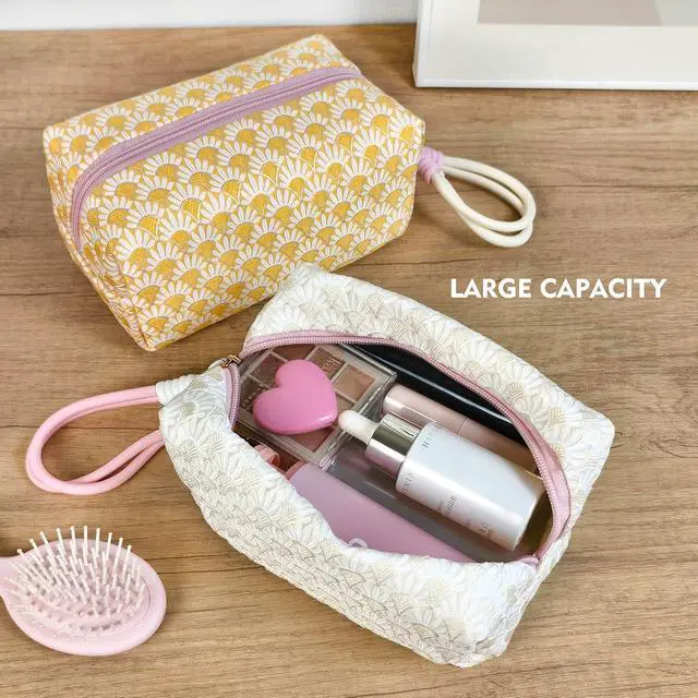 Alt view image 4 of 7 - STARDW Floral Makeup Bag with Wrist Strap,Small Cute Cosmetic Bag for Women | Canvas Lined Makeup Pouch for Skincare, Brushes, Toiletries and Travel Essentials, Pouches for Purse, Portable & Washable