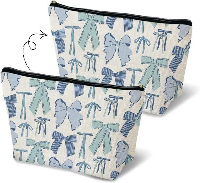 Main image of Blue Bow Makeup Bag for Women, Preppy Ribbon Bowknot Cosmetic Bag Travel Toiletry Bag for Women, Girly Aesthetic Zipper Makeup Pouch