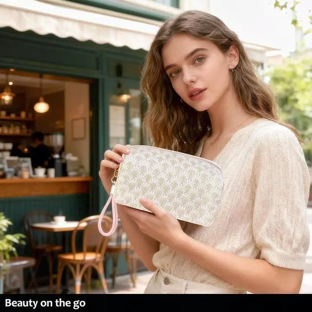 Alt view image 6 of 7 - STARDW Floral Makeup Bag with Wrist Strap,Small Cute Cosmetic Bag for Women | Canvas Lined Makeup Pouch for Skincare, Brushes, Toiletries and Travel Essentials, Pouches for Purse, Portable & Washable