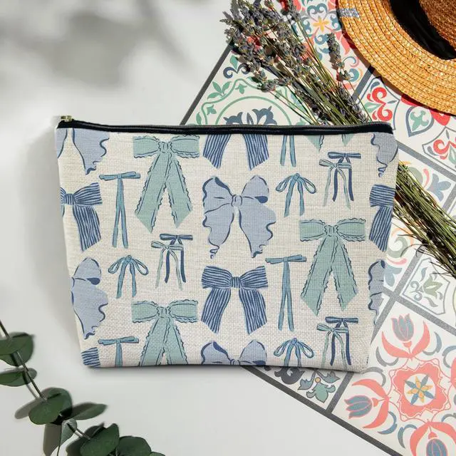 Alt view image 2 of 7 - Blue Bow Makeup Bag for Women, Preppy Ribbon Bowknot Cosmetic Bag Travel Toiletry Bag for Women, Girly Aesthetic Zipper Makeup Pouch