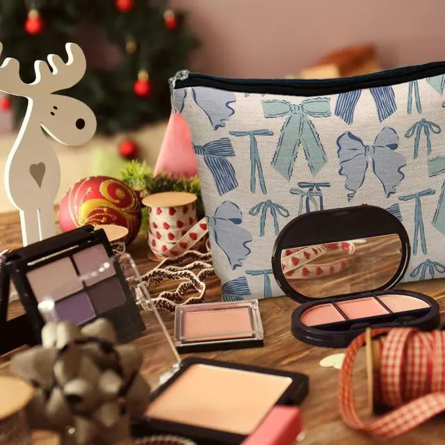 Alt view image 5 of 7 - Blue Bow Makeup Bag for Women, Preppy Ribbon Bowknot Cosmetic Bag Travel Toiletry Bag for Women, Girly Aesthetic Zipper Makeup Pouch