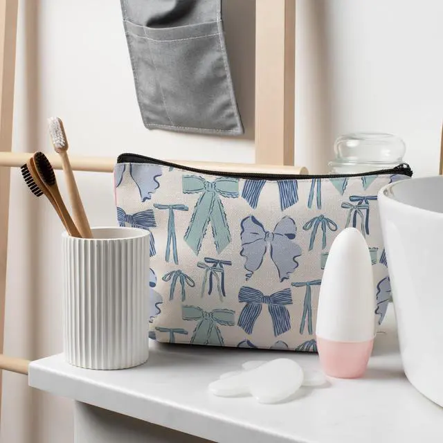 Alt view image 4 of 7 - Blue Bow Makeup Bag for Women, Preppy Ribbon Bowknot Cosmetic Bag Travel Toiletry Bag for Women, Girly Aesthetic Zipper Makeup Pouch