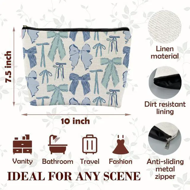 Alt view image 7 of 7 - Blue Bow Makeup Bag for Women, Preppy Ribbon Bowknot Cosmetic Bag Travel Toiletry Bag for Women, Girly Aesthetic Zipper Makeup Pouch