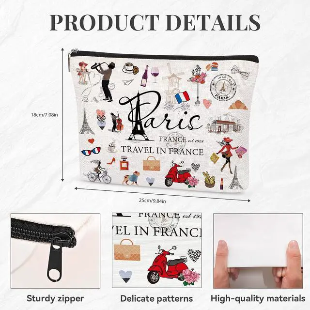 Alt view image 2 of 7 - France Makeup Bag Gift - Paris Souvenirs From France Cosmetic Bag Travel Toiletry Makeup Organizer Zipper Pouch Essentials for Paris Lovers