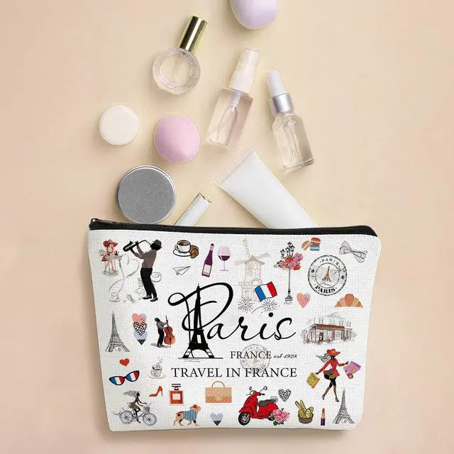 Alt view image 3 of 7 - France Makeup Bag Gift - Paris Souvenirs From France Cosmetic Bag Travel Toiletry Makeup Organizer Zipper Pouch Essentials for Paris Lovers