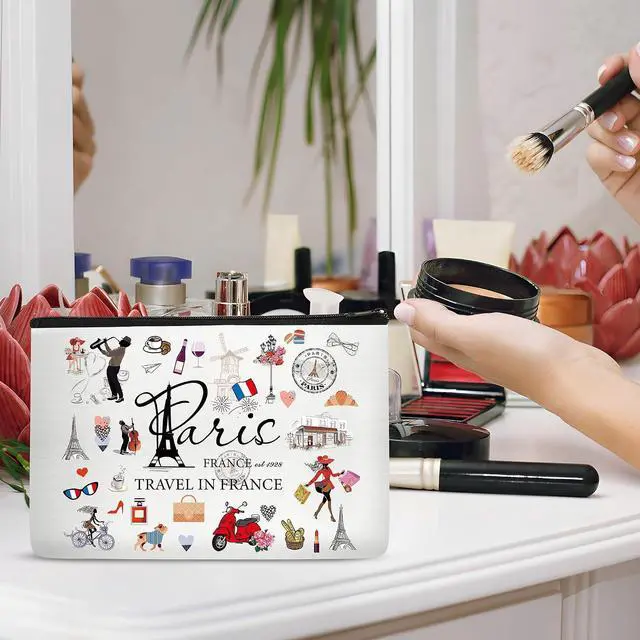 Alt view image 5 of 7 - France Makeup Bag Gift - Paris Souvenirs From France Cosmetic Bag Travel Toiletry Makeup Organizer Zipper Pouch Essentials for Paris Lovers
