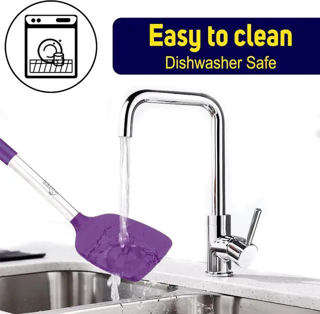 Alt view image 6 of 7 - HOTEC Silicone Spatula Set of 2 Heat-Resistant 600°F & BPA-Free Kitchen SaptulaTurner with Stainless Steel Handles, Slotted & Solid Spatulas for Nonstick Cookware, 13.7 Inch, Purple