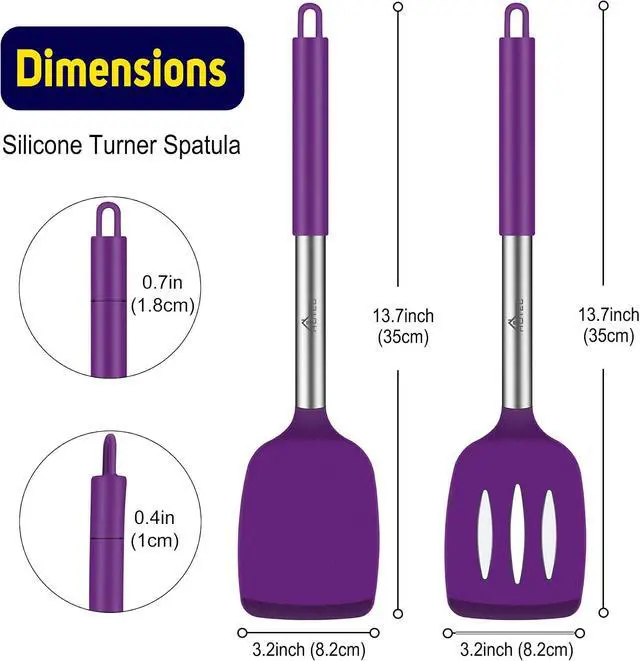Alt view image 7 of 7 - HOTEC Silicone Spatula Set of 2 Heat-Resistant 600°F & BPA-Free Kitchen SaptulaTurner with Stainless Steel Handles, Slotted & Solid Spatulas for Nonstick Cookware, 13.7 Inch, Purple
