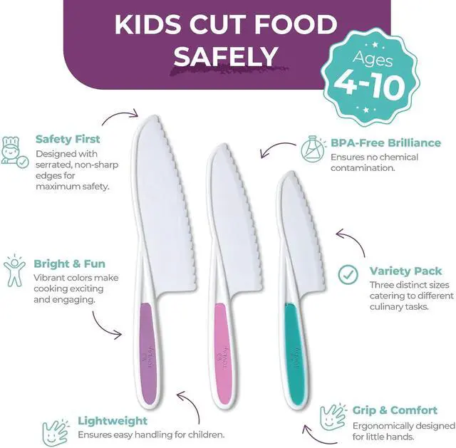 Alt view image 2 of 6 - Tovla Jr. Kid Safe Knife Set for Real Cooking | Toddler Knives | Ages 4-12 | Montessori Kitchen Tools for Girls | Kids Knife Set of 3 | BPA Free Dishwasher Safe | Birthday Christmas Stocking Stuffer