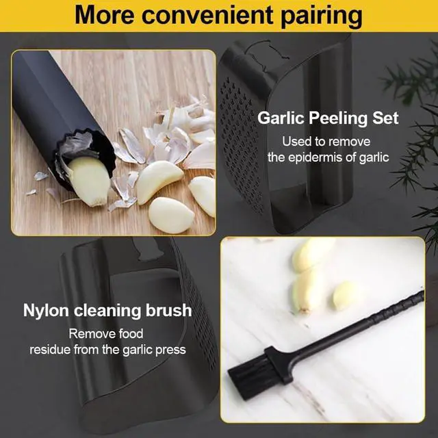Alt view image 6 of 7 - Garlic Press Set,Garlic Press Rocker Heavy Duty Stainless Steel Garlic Mincer, Garlic Chopper with Peeler And Cleaning Brush for Smash Garlic Kitchen Tools(1Set)