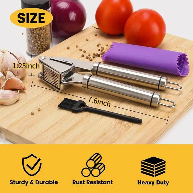 Alt view image 2 of 7 - BURLIHOME Stainless Steel Garlic Press Mincer,Heavy-Duty,Purple Peeler Tube | Metal Ginger Press,Strong Squeeze,Mince Garlic & Ginger,Dishwasher Safe,Kitchen Essential,Meal Prep Tool,Easy Clean,Silver