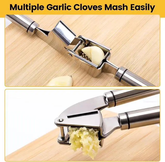 Alt view image 4 of 7 - BURLIHOME Stainless Steel Garlic Press Mincer,Heavy-Duty,Purple Peeler Tube | Metal Ginger Press,Strong Squeeze,Mince Garlic & Ginger,Dishwasher Safe,Kitchen Essential,Meal Prep Tool,Easy Clean,Silver