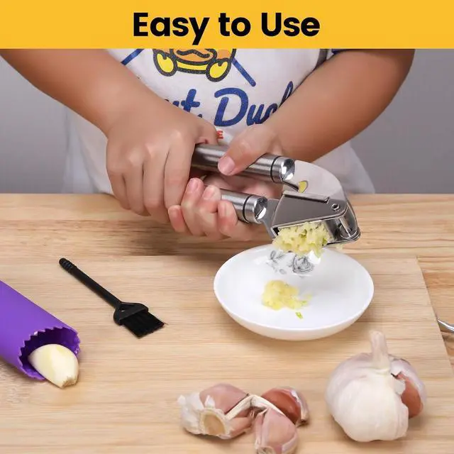 Alt view image 5 of 7 - BURLIHOME Stainless Steel Garlic Press Mincer,Heavy-Duty,Purple Peeler Tube | Metal Ginger Press,Strong Squeeze,Mince Garlic & Ginger,Dishwasher Safe,Kitchen Essential,Meal Prep Tool,Easy Clean,Silver