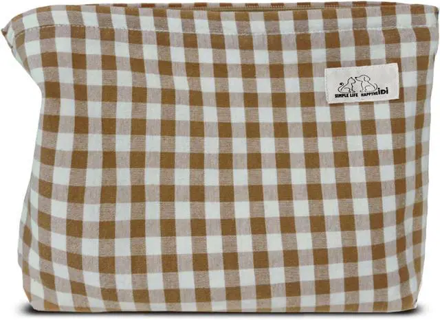 Main image of HAPPYHEIDI Khaki Gingham Cotton Makeup Bag Cosmetic Travel Pouch with Bottom, Make Up Purse Organizer, Zipper Closure, Canvas Lined
