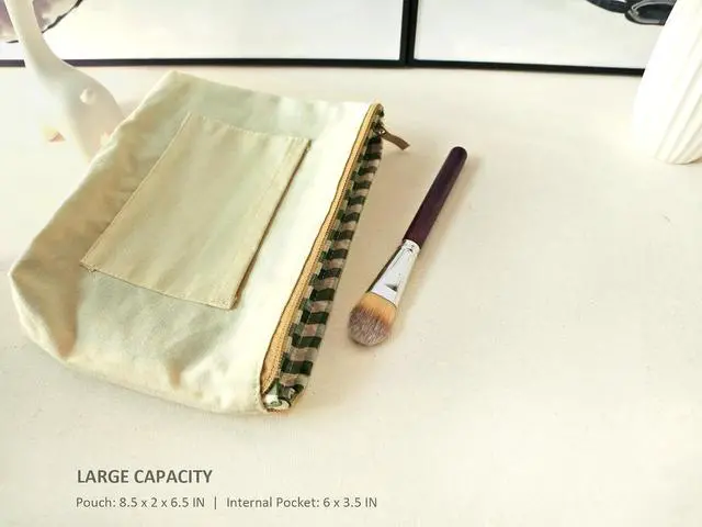 Alt view image 3 of 7 - HAPPYHEIDI Khaki Gingham Cotton Makeup Bag Cosmetic Travel Pouch with Bottom, Make Up Purse Organizer, Zipper Closure, Canvas Lined