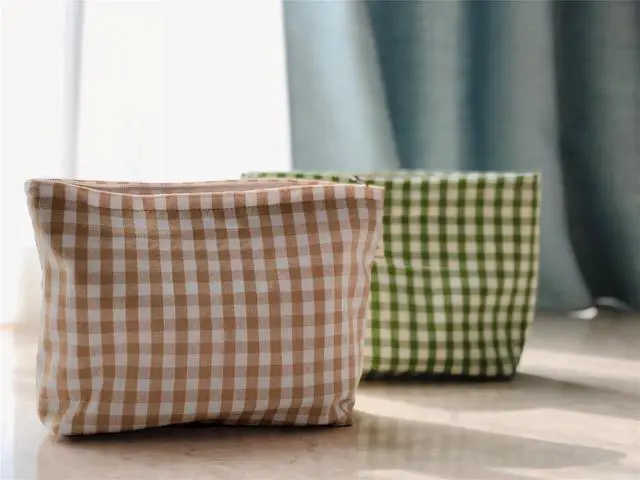Alt view image 4 of 7 - HAPPYHEIDI Khaki Gingham Cotton Makeup Bag Cosmetic Travel Pouch with Bottom, Make Up Purse Organizer, Zipper Closure, Canvas Lined