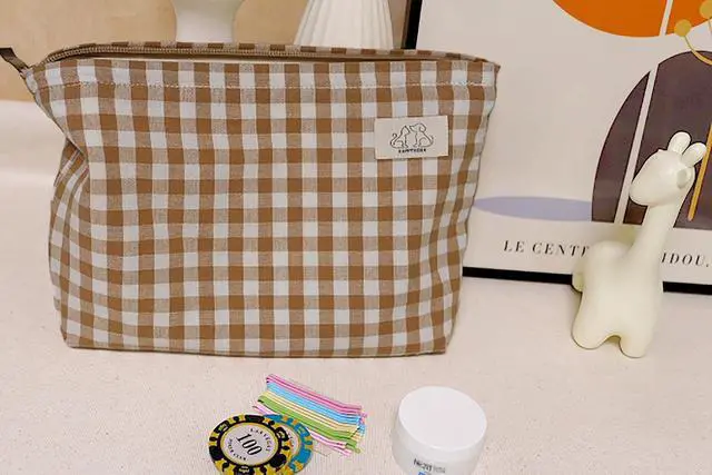 Alt view image 5 of 7 - HAPPYHEIDI Khaki Gingham Cotton Makeup Bag Cosmetic Travel Pouch with Bottom, Make Up Purse Organizer, Zipper Closure, Canvas Lined