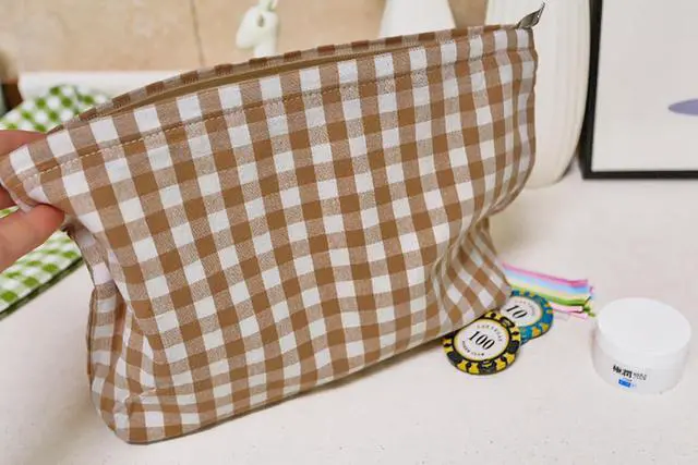 Alt view image 6 of 7 - HAPPYHEIDI Khaki Gingham Cotton Makeup Bag Cosmetic Travel Pouch with Bottom, Make Up Purse Organizer, Zipper Closure, Canvas Lined