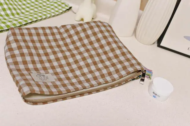 Alt view image 7 of 7 - HAPPYHEIDI Khaki Gingham Cotton Makeup Bag Cosmetic Travel Pouch with Bottom, Make Up Purse Organizer, Zipper Closure, Canvas Lined