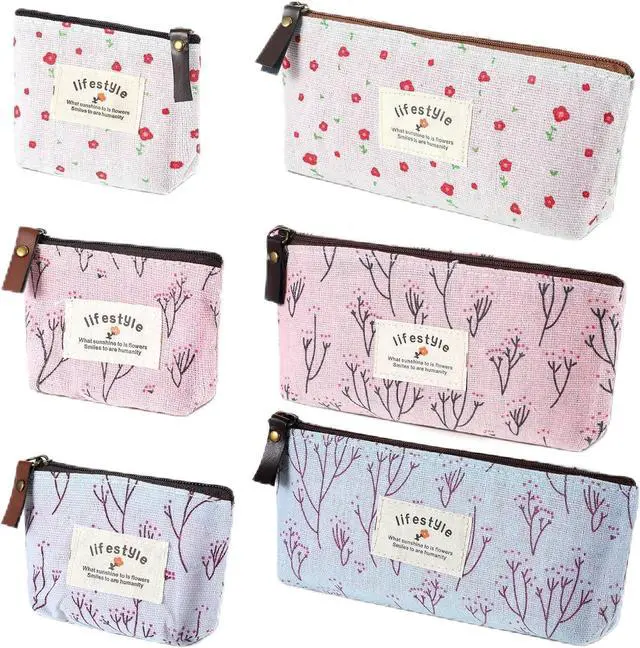 Main image of Small Makeup Bag for Purse, 6 Pcs 2 Sizes Canvas Floral Small Zipper Pouch | Portable Cute Linen Fabric Mini Cosmetic Bag for Women Girls Home Travel Lipstick Coin Cards Storage (3 Style)