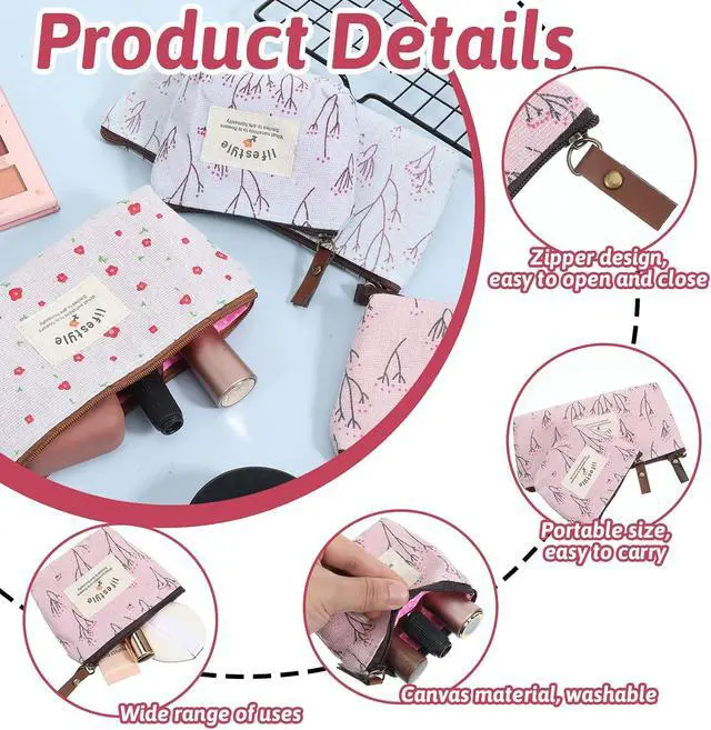Alt view image 3 of 7 - Small Makeup Bag for Purse, 6 Pcs 2 Sizes Canvas Floral Small Zipper Pouch | Portable Cute Linen Fabric Mini Cosmetic Bag for Women Girls Home Travel Lipstick Coin Cards Storage (3 Style)