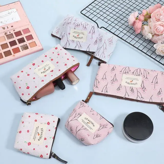Alt view image 4 of 7 - Small Makeup Bag for Purse, 6 Pcs 2 Sizes Canvas Floral Small Zipper Pouch | Portable Cute Linen Fabric Mini Cosmetic Bag for Women Girls Home Travel Lipstick Coin Cards Storage (3 Style)