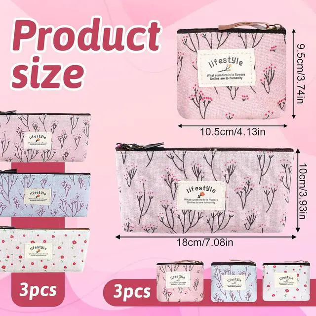 Alt view image 2 of 7 - Small Makeup Bag for Purse, 6 Pcs 2 Sizes Canvas Floral Small Zipper Pouch | Portable Cute Linen Fabric Mini Cosmetic Bag for Women Girls Home Travel Lipstick Coin Cards Storage (3 Style)