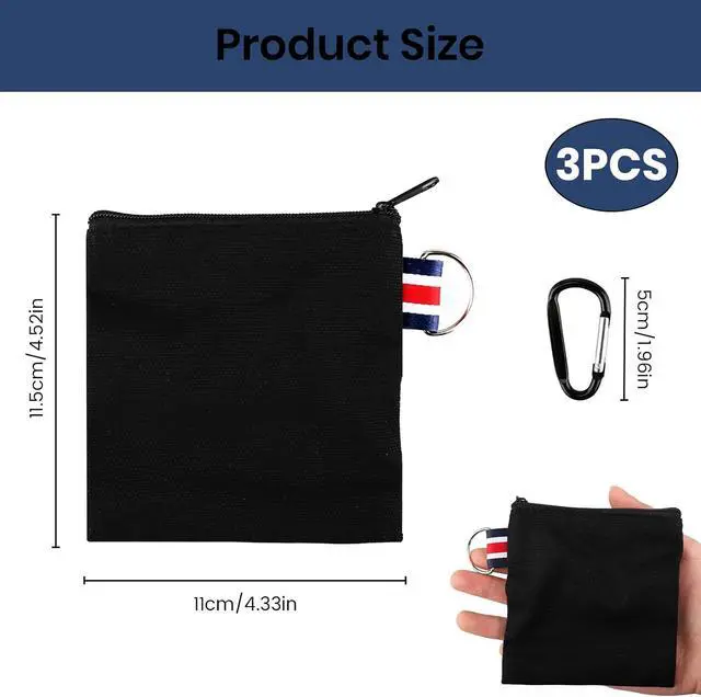 Alt view image 2 of 7 - 3 Pcs Black Canvas Zipper Pouch with Metal Hanging Rings | Small Square Travel Organizer Case-Coin Purse & Makeup Bag for Makeup, Coins, Earphones, Charger Cables, and Daily Essentials