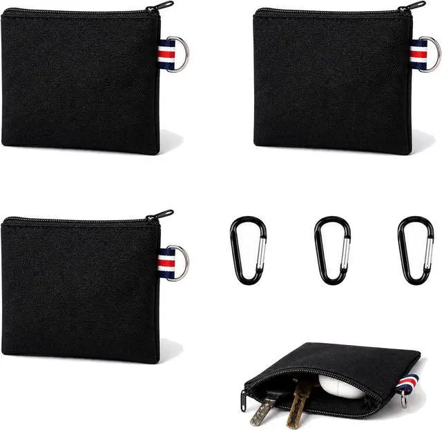 Main image of 3 Pcs Black Canvas Zipper Pouch with Metal Hanging Rings | Small Square Travel Organizer Case-Coin Purse & Makeup Bag for Makeup, Coins, Earphones, Charger Cables, and Daily Essentials