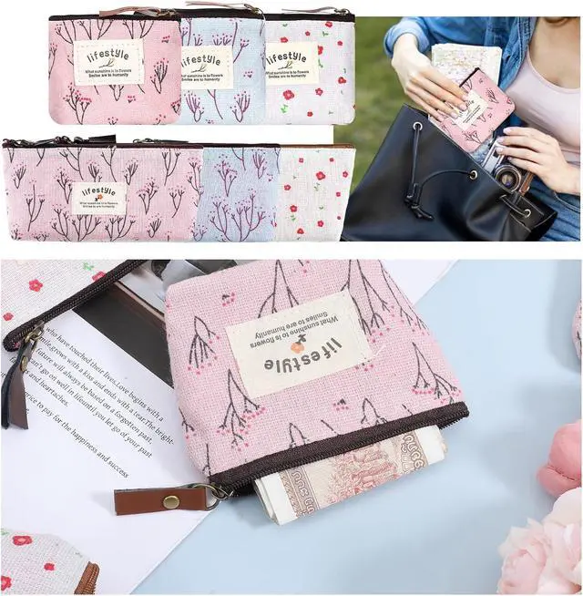 Alt view image 7 of 7 - Small Makeup Bag for Purse, 6 Pcs 2 Sizes Canvas Floral Small Zipper Pouch | Portable Cute Linen Fabric Mini Cosmetic Bag for Women Girls Home Travel Lipstick Coin Cards Storage (3 Style)