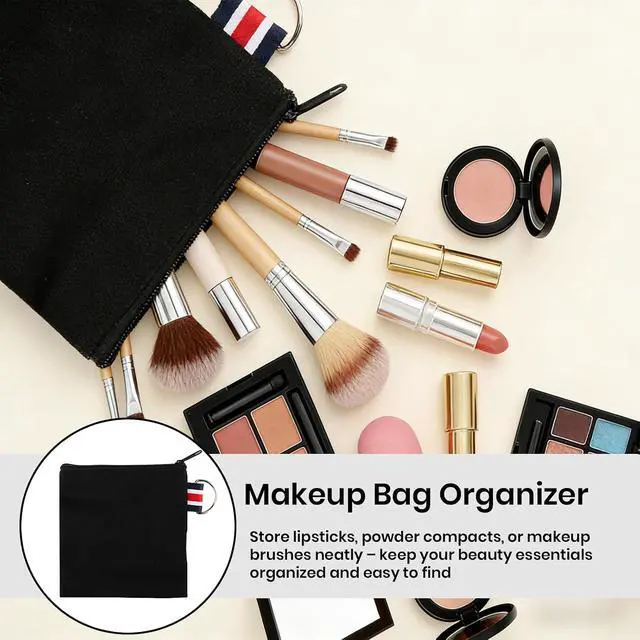 Alt view image 5 of 7 - 3 Pcs Black Canvas Zipper Pouch with Metal Hanging Rings | Small Square Travel Organizer Case-Coin Purse & Makeup Bag for Makeup, Coins, Earphones, Charger Cables, and Daily Essentials