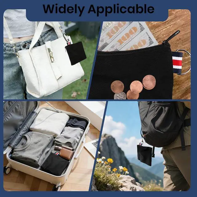 Alt view image 6 of 7 - 3 Pcs Black Canvas Zipper Pouch with Metal Hanging Rings | Small Square Travel Organizer Case-Coin Purse & Makeup Bag for Makeup, Coins, Earphones, Charger Cables, and Daily Essentials