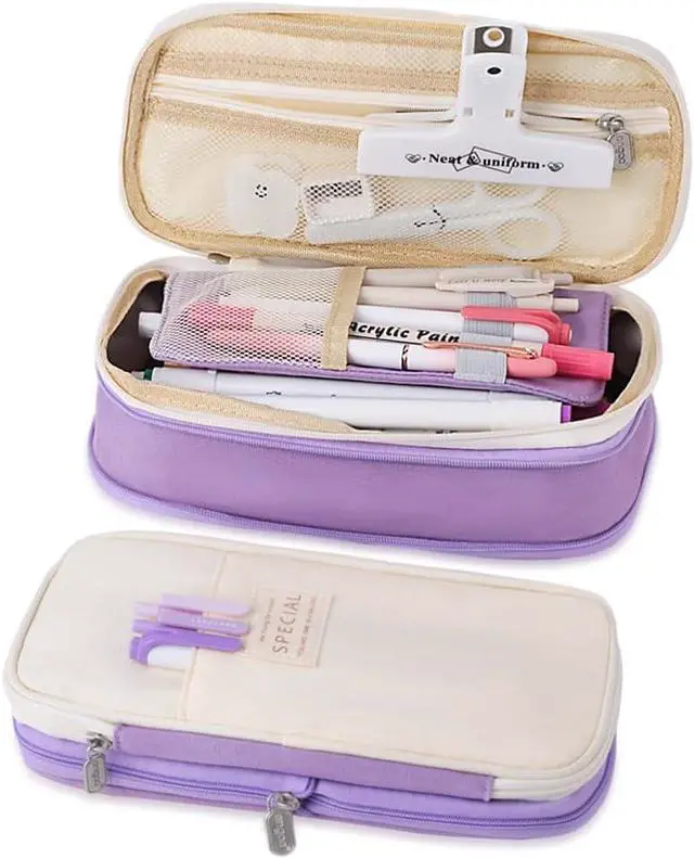 Main image of iSuperb Foldable Pencil Case Zipper Big Capacity Canvas Pencil Pouch Cosmetic Organizers Pen Bag Makeup Bags for Women (Purple)