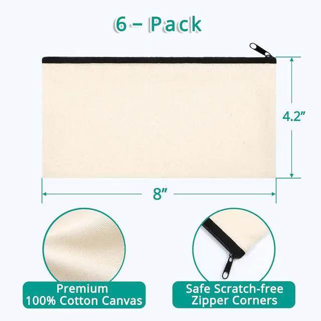 Alt view image 2 of 5 - Phicorn Small Canvas Zipper Pouches, 6-Pack, 8 x 4.2 in, Cotton Lined | Compact cotton canvas pouch with white lining and smooth zipper for crafts, pencils, makeup, travel, and small-item storage
