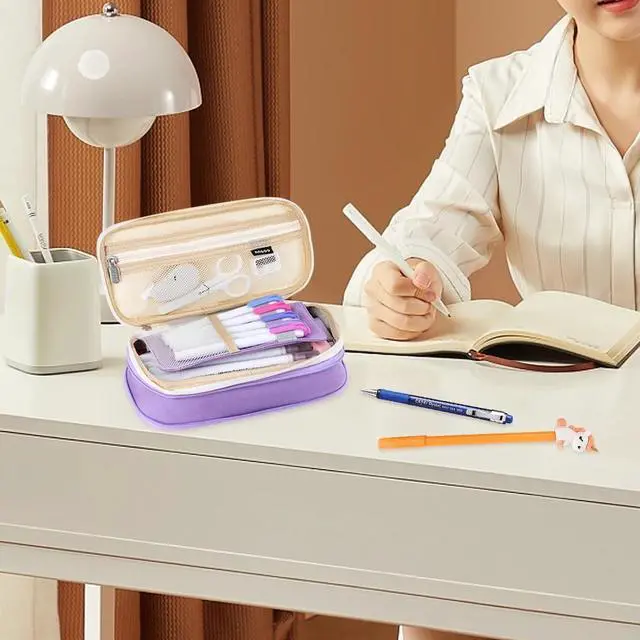 Alt view image 7 of 7 - iSuperb Foldable Pencil Case Zipper Big Capacity Canvas Pencil Pouch Cosmetic Organizers Pen Bag Makeup Bags for Women (Purple)