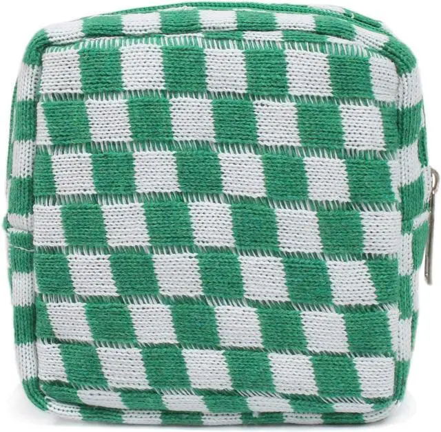 Main image of Small Green Makeup Bag for Purse, Mini Checkered Cosmetic Bag Zipper Cute Make Up Pouch Travel Toiletry Bag Quilted Aesthetic Accessories Makeup Storage Bag Organizer for Women Girls