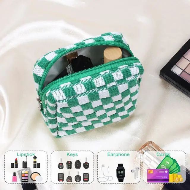 Alt view image 3 of 7 - Small Green Makeup Bag for Purse, Mini Checkered Cosmetic Bag Zipper Cute Make Up Pouch Travel Toiletry Bag Quilted Aesthetic Accessories Makeup Storage Bag Organizer for Women Girls