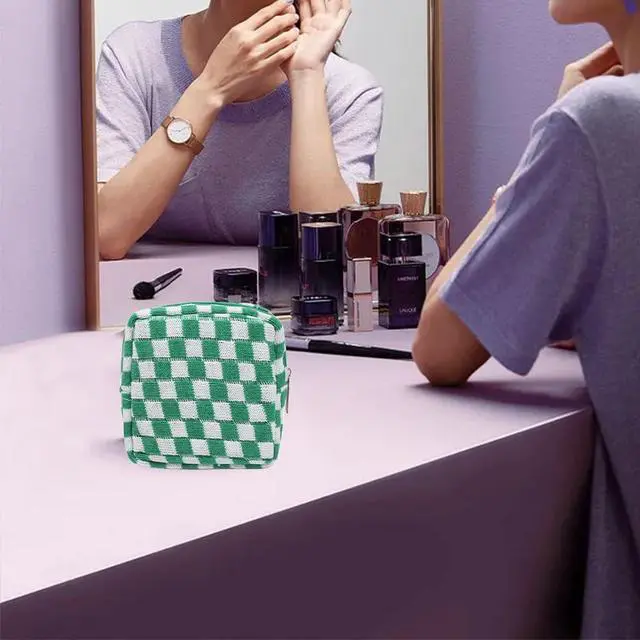 Alt view image 5 of 7 - Small Green Makeup Bag for Purse, Mini Checkered Cosmetic Bag Zipper Cute Make Up Pouch Travel Toiletry Bag Quilted Aesthetic Accessories Makeup Storage Bag Organizer for Women Girls
