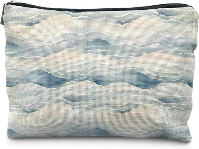 Main image of Abstract Blue Ocean Wave Coastal Makeup Cosmetic Bag for Women, Gifts for Beach Lovers, Preppy Ocean Beachy Canvas Zipper Makeup Pouch Travel Toiletry Bag