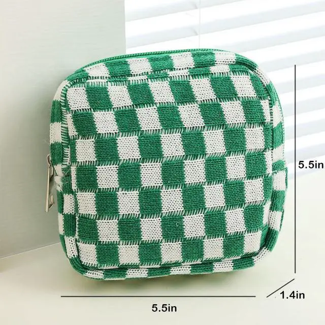 Alt view image 6 of 7 - Small Green Makeup Bag for Purse, Mini Checkered Cosmetic Bag Zipper Cute Make Up Pouch Travel Toiletry Bag Quilted Aesthetic Accessories Makeup Storage Bag Organizer for Women Girls