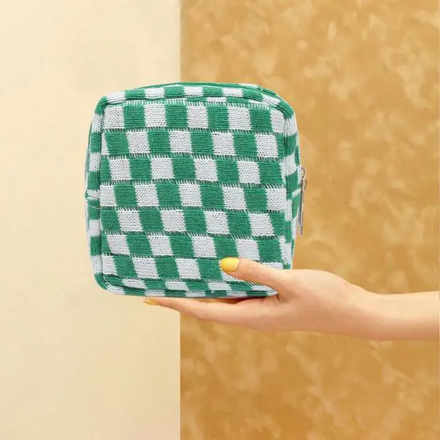 Alt view image 7 of 7 - Small Green Makeup Bag for Purse, Mini Checkered Cosmetic Bag Zipper Cute Make Up Pouch Travel Toiletry Bag Quilted Aesthetic Accessories Makeup Storage Bag Organizer for Women Girls