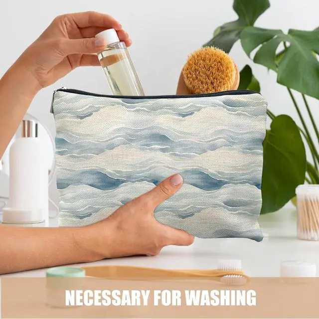 Alt view image 3 of 6 - Abstract Blue Ocean Wave Coastal Makeup Cosmetic Bag for Women, Gifts for Beach Lovers, Preppy Ocean Beachy Canvas Zipper Makeup Pouch Travel Toiletry Bag