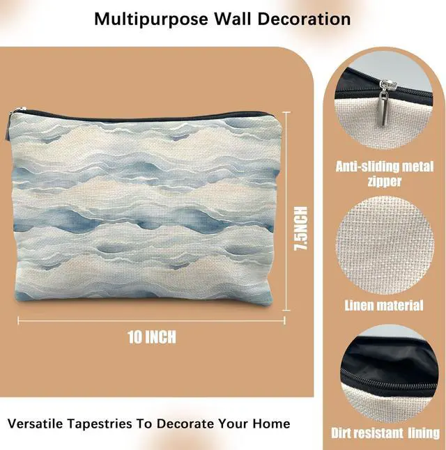 Alt view image 2 of 6 - Abstract Blue Ocean Wave Coastal Makeup Cosmetic Bag for Women, Gifts for Beach Lovers, Preppy Ocean Beachy Canvas Zipper Makeup Pouch Travel Toiletry Bag
