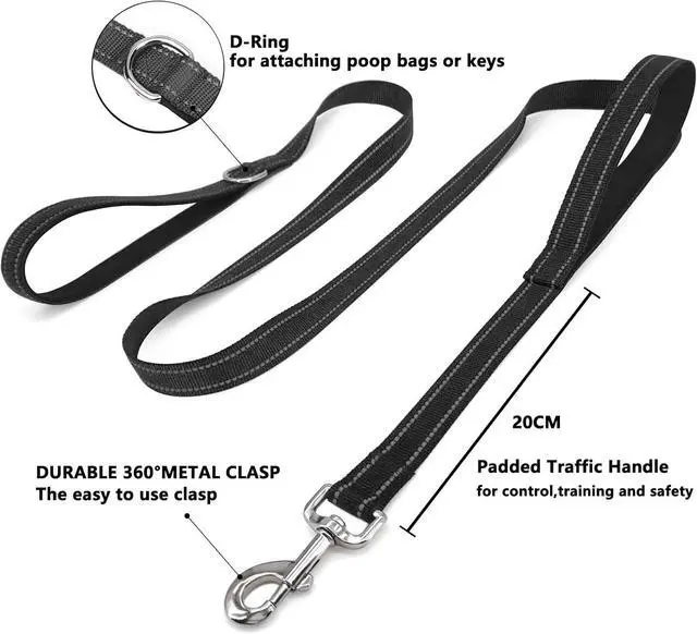 Alt view image 3 of 6 - 6 FT Black Nylon Reflective Dog Leash for Large Dogs with 2 Padded Handle | Soft breathable padded dual handles,D-Ring design