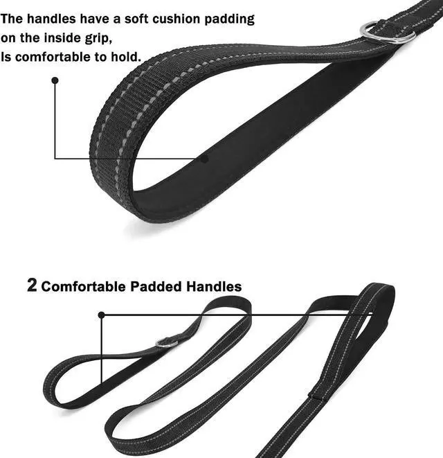 Alt view image 4 of 6 - 6 FT Black Nylon Reflective Dog Leash for Large Dogs with 2 Padded Handle | Soft breathable padded dual handles,D-Ring design
