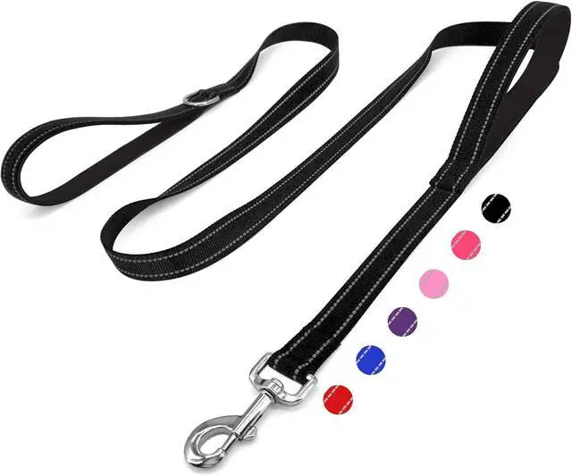 Main image of 6 FT Black Nylon Reflective Dog Leash for Large Dogs with 2 Padded Handle | Soft breathable padded dual handles,D-Ring design