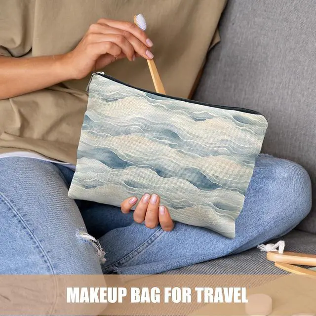 Alt view image 4 of 6 - Abstract Blue Ocean Wave Coastal Makeup Cosmetic Bag for Women, Gifts for Beach Lovers, Preppy Ocean Beachy Canvas Zipper Makeup Pouch Travel Toiletry Bag